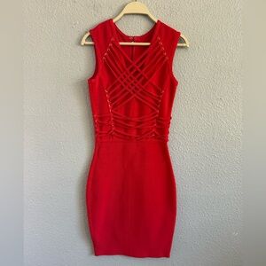 Herve Leger Red Bandage Dress Criss Cross Lace Up Detail Size XS